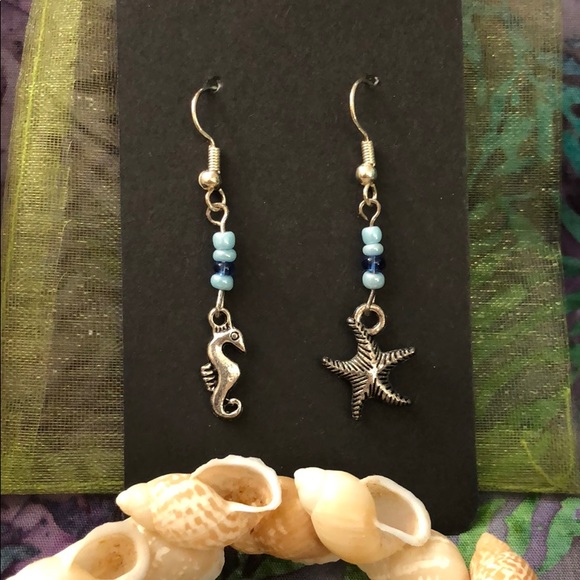 Hand Crafted Jewelry - Seahorse Starfish Silver Hook Earrings Blue Beads